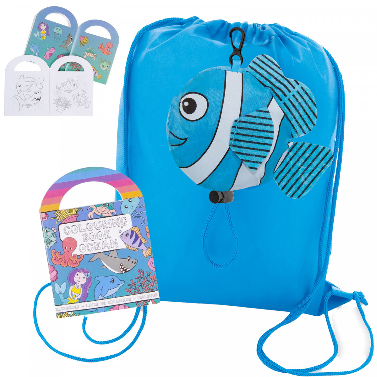 Mochila dobrável de peixe e livro infantil para desenhar e adesivos para dar de presente