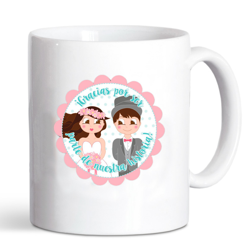 Caneca com adesivo de agradecimento para detalhes do casamento