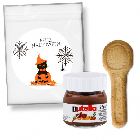 Nutella em pote pequeno com colher de biscoito apresentado em saco personalizado com adesivo de halloween