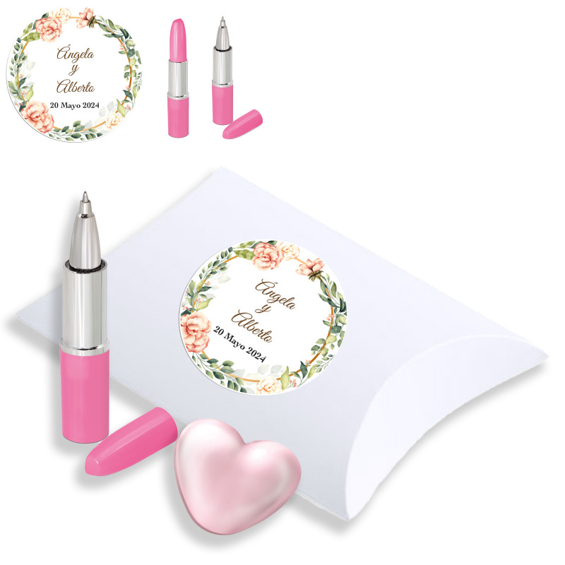 Caneta e brilho labial com formas em rosa com estojo personalizado para casamentos e eventos