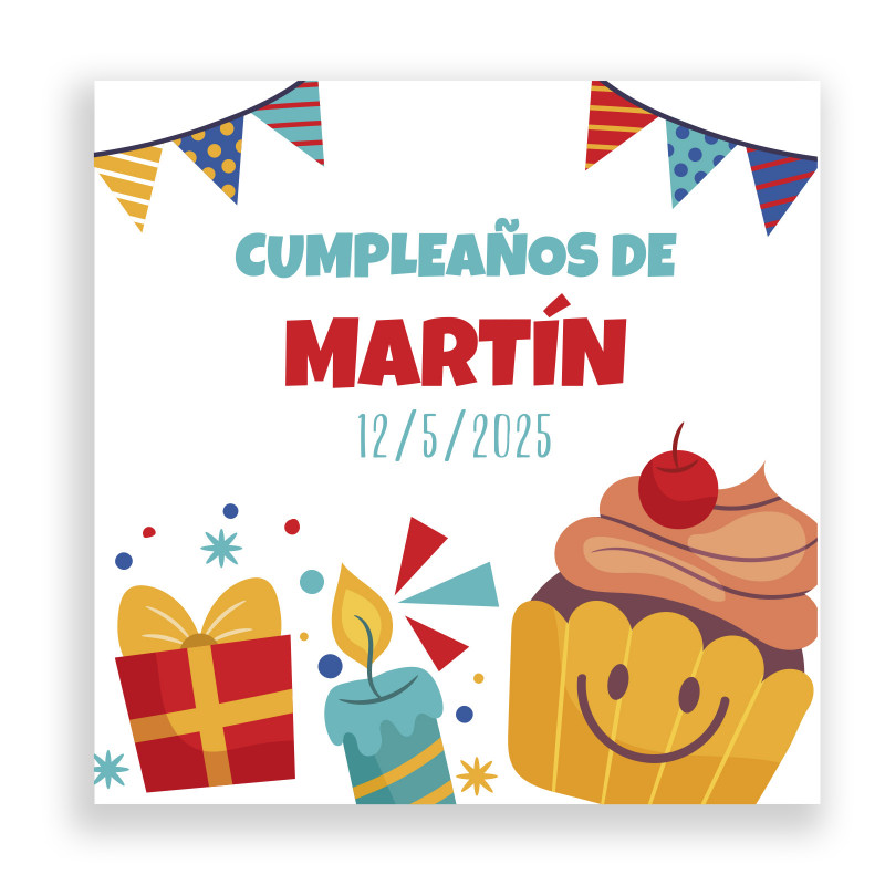 Adesivo de aniversário 5x5 personalizado com elementos animados e divertidos