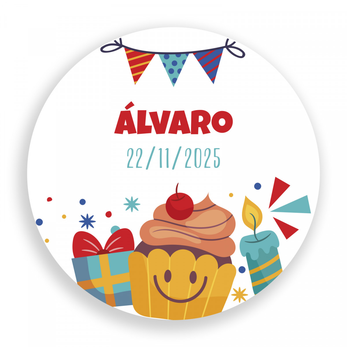 Autocolante de aniversário personalizado redondo de 3cm com elementos animados e divertidos