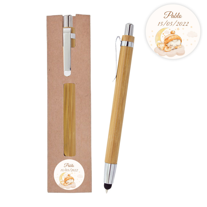 Caneta de bambu com stylus touch em caixa de cartão personalizada com adesivo para batizado