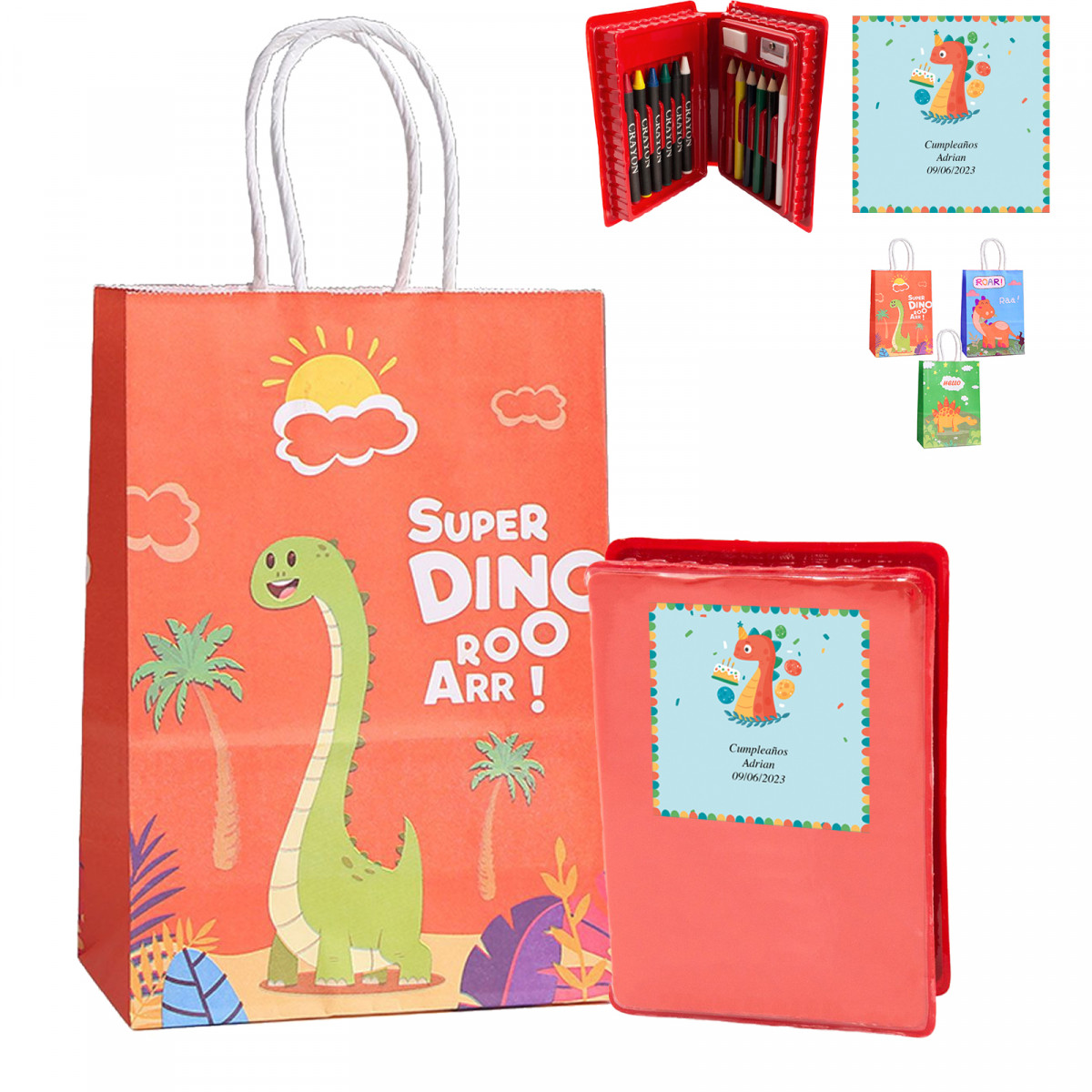 Estojo com material de desenho com adesivo de dinossauro personalizado e bolsa estampada combinando