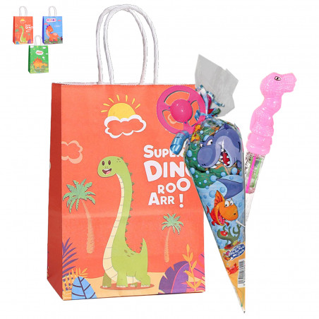 Pompom de dinossauro e bolsa combinando com doces para dar de presente