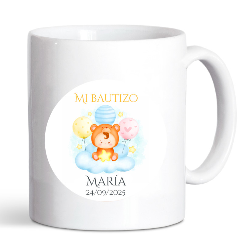 Caneca personalizada com adesivo para detalhes de batismo