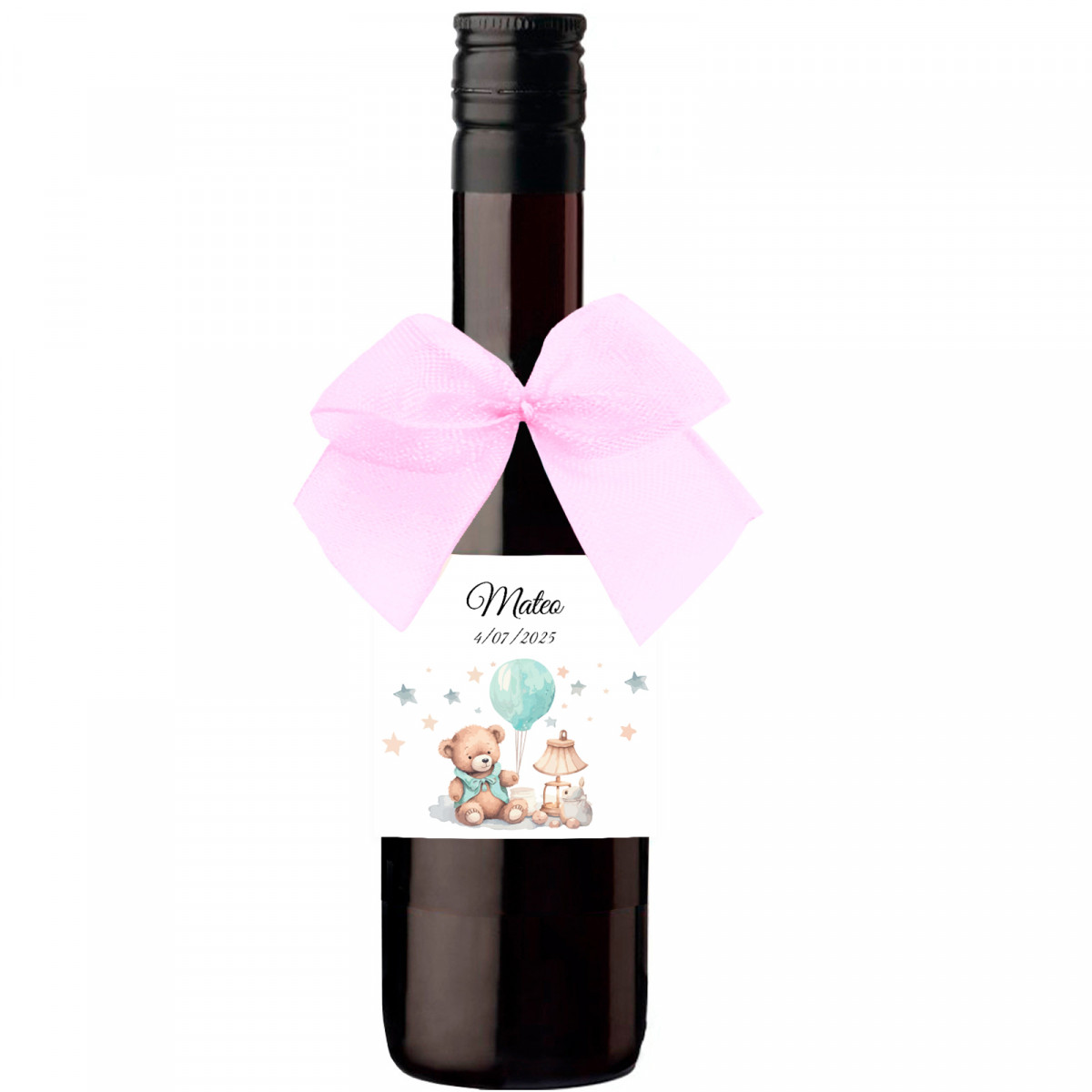 Garrafa de vinho pequena com laço rosa e autocolante personalizado para batizado