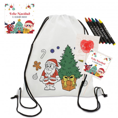 Mochila infantil para pintar com giz de cera incluída e pirulito personalizado com adesivo de natal