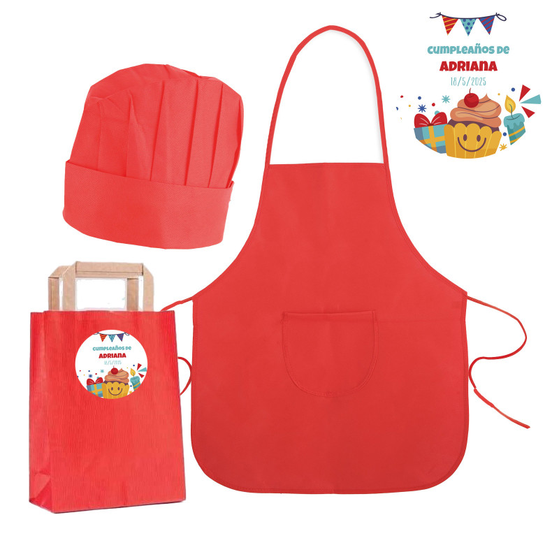 Avental de cozinha infantil vermelho e chapéu em saco de papel combinando com adesivo personalizado para aniversário