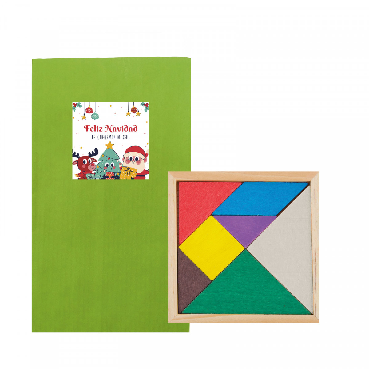 Tangram de madeira com envelope kraft verde para o natal