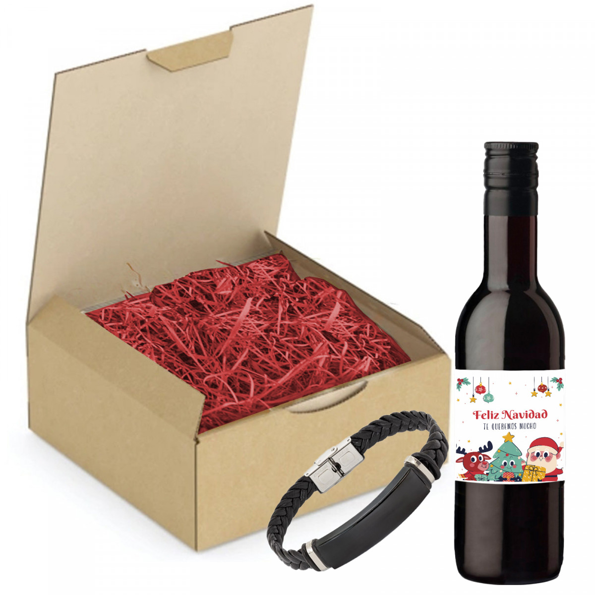 Vinho tinto com adesivo de natal personalizado e pulseira de aço apresentado em caixa para detalhes