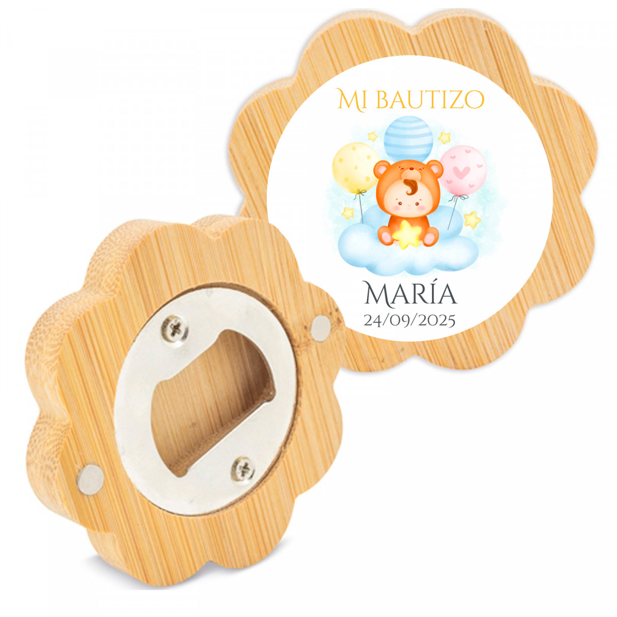 Abridor em forma de flor de bambu com adesivo personalizável para detalhes