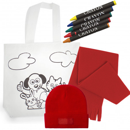 Chapéu e lenço infantil vermelho com bolsa de pintura para dar de presente