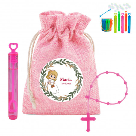 Terço infantil fúcsia com mini pompero em bolsa rosa personalizada para comunhão de menina