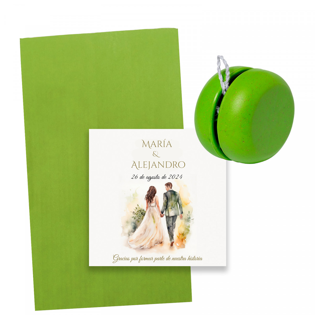 Ioiô de cana de trigo verde em envelope correspondente com cartão de casamento personalizável