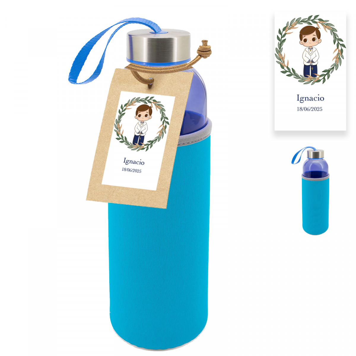 Frasco de vidro azul com rótulo personalizado com adesivo de comunhão para menino