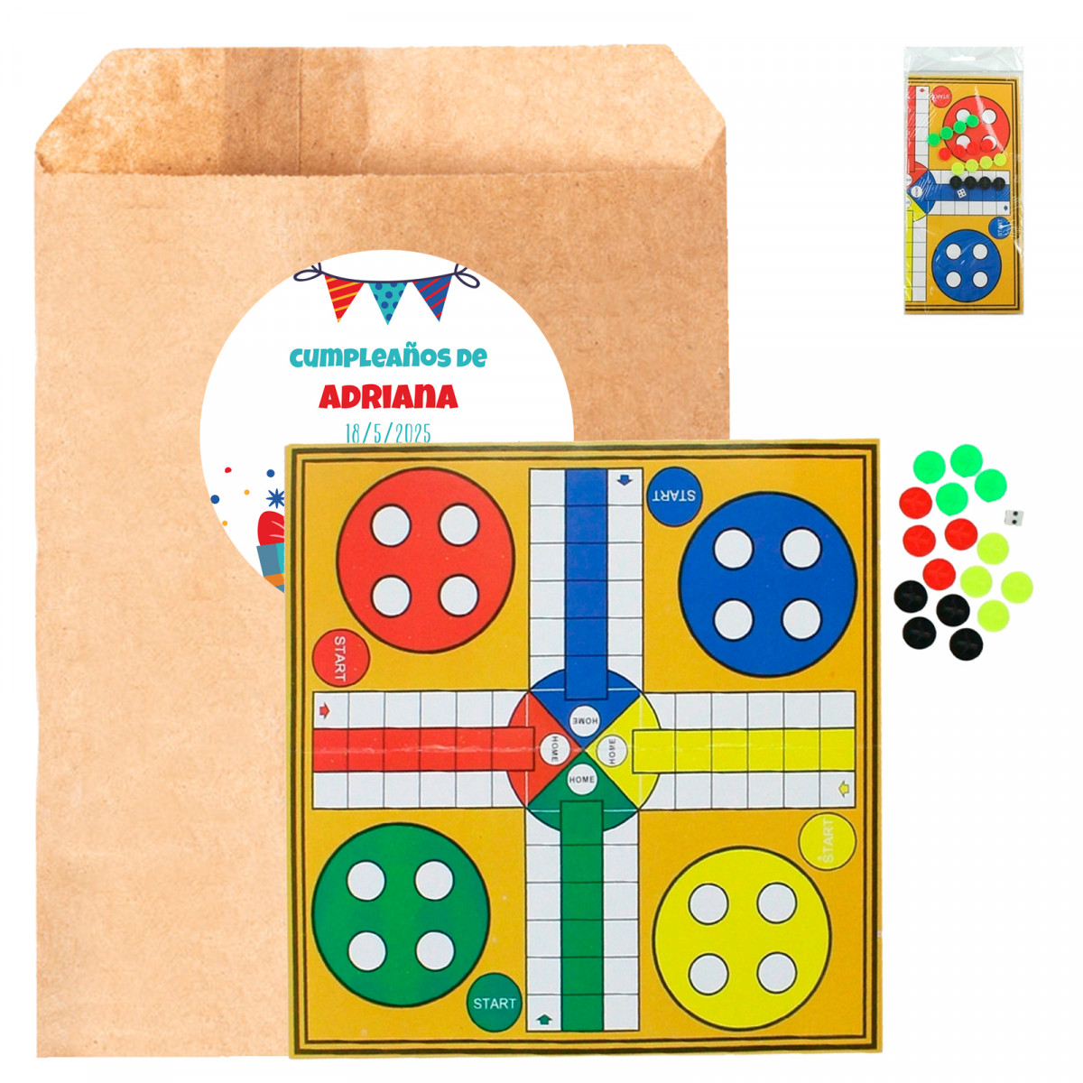 Ludo em envelope kraft com adesivo de aniversário personalizado