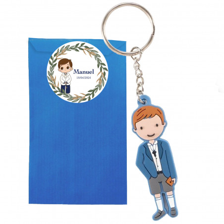 Chaveiro comunhão menino em envelope kraft azul personalizado com adesivo