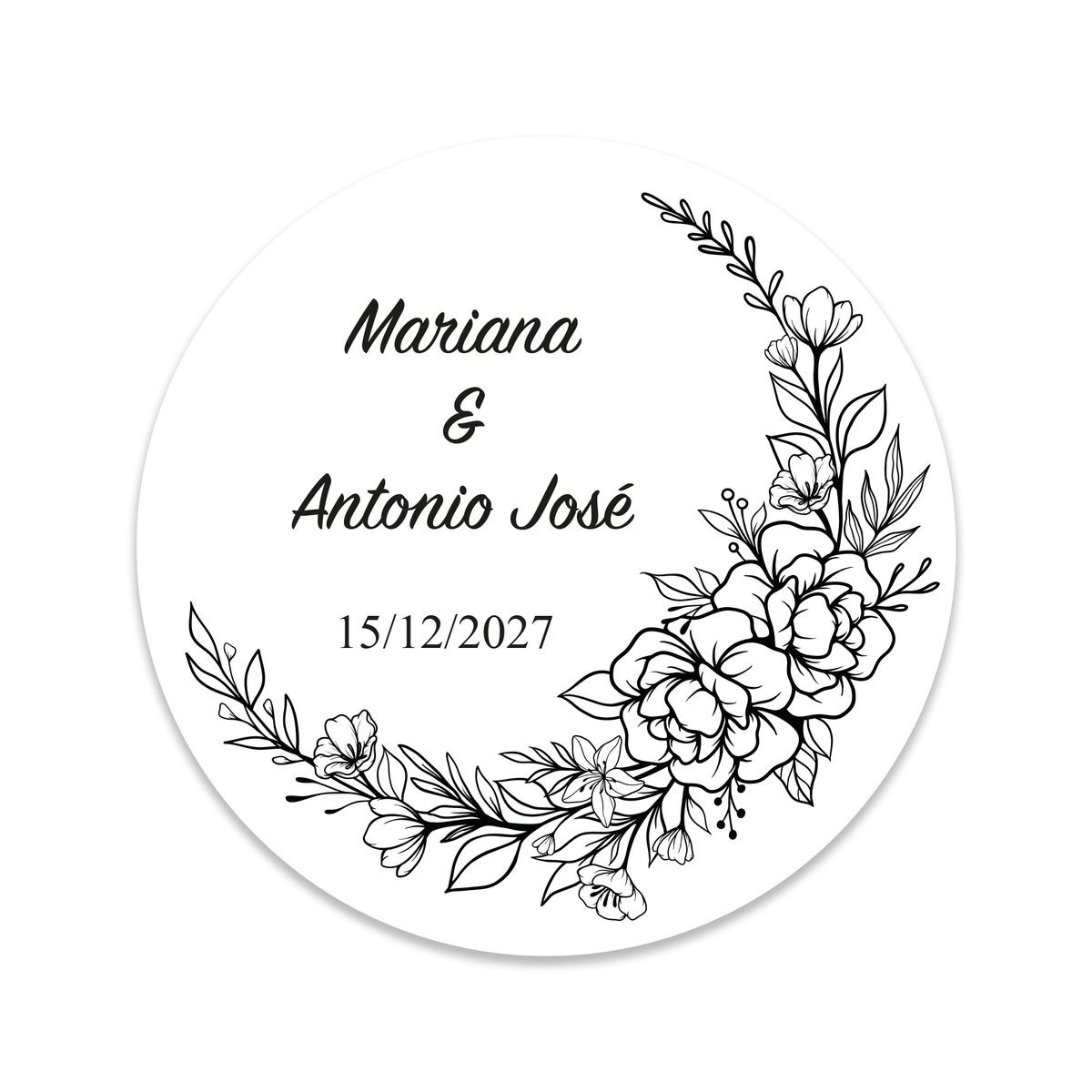 Moldura de flor preta e branca adesiva redonda de 3 cm personalizável para casamentos e eventos