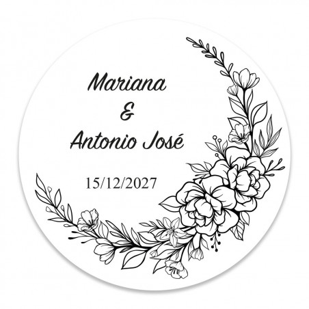 Moldura de flor preta e branca adesiva redonda de 3 cm personalizável para casamentos e eventos