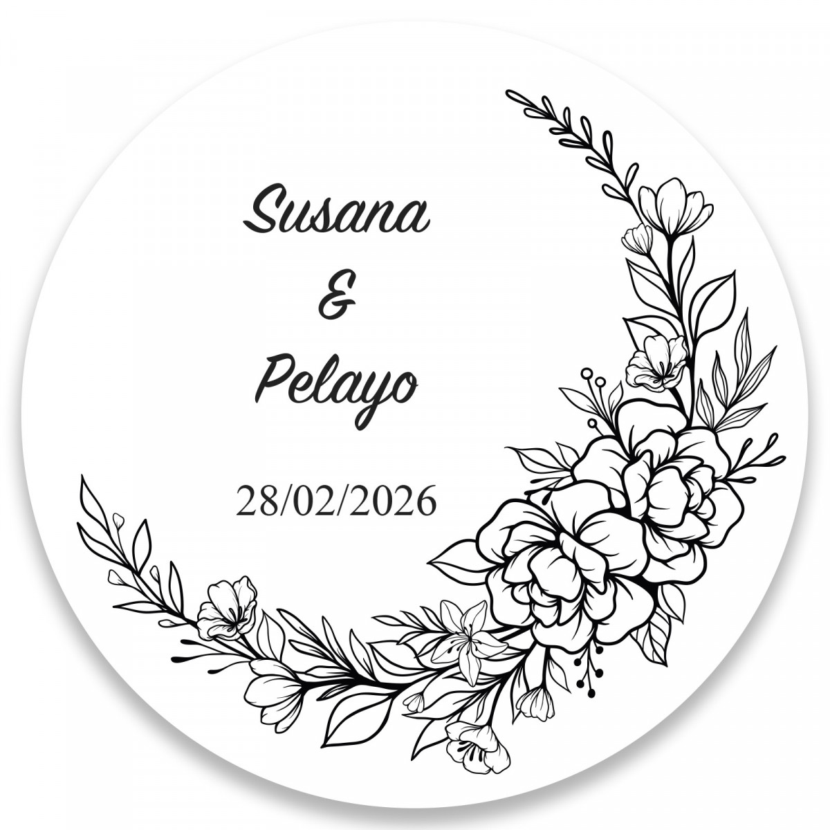 Moldura de flor preta e branca personalizável com adesivo redondo de 5 cm para casamentos e eventos