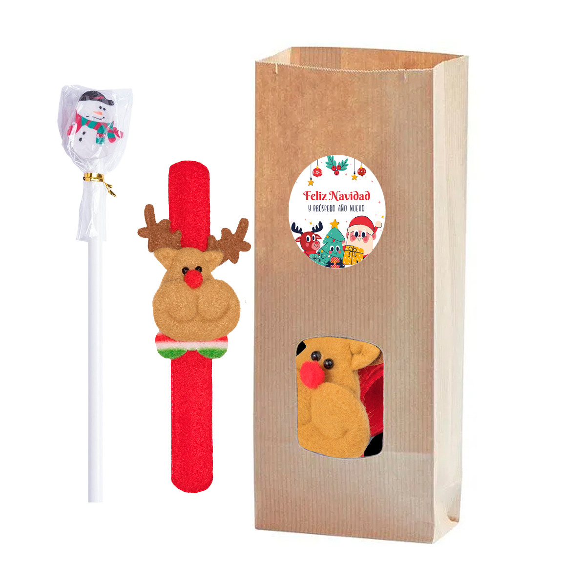 Pulseira rena rudolph com lápis de boneco de neve em bolsa com adesivo de natal personalizável