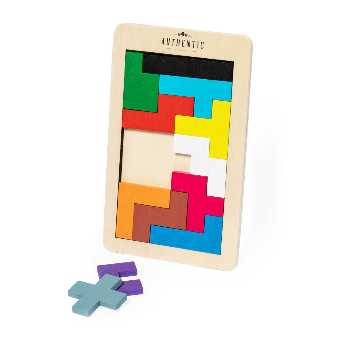 Quebra-cabeça Tetris de madeira com peças coloridas