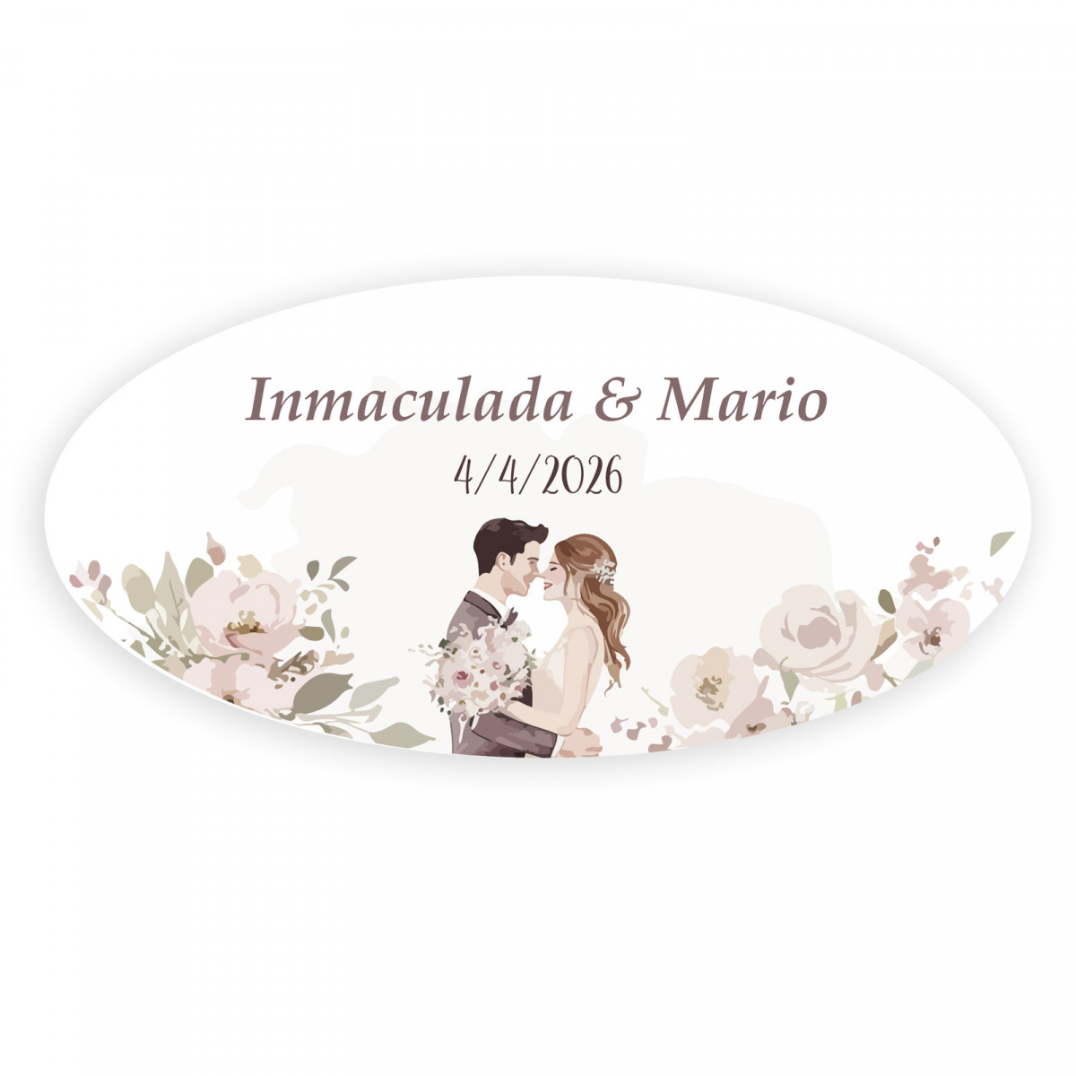 Adesivo oval personalizado de noivos se beijando rodeados de flores para casamentos