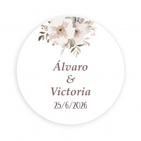 Adesivo personalizado 2cm fundo branco flores pastel para casamentos e eventos