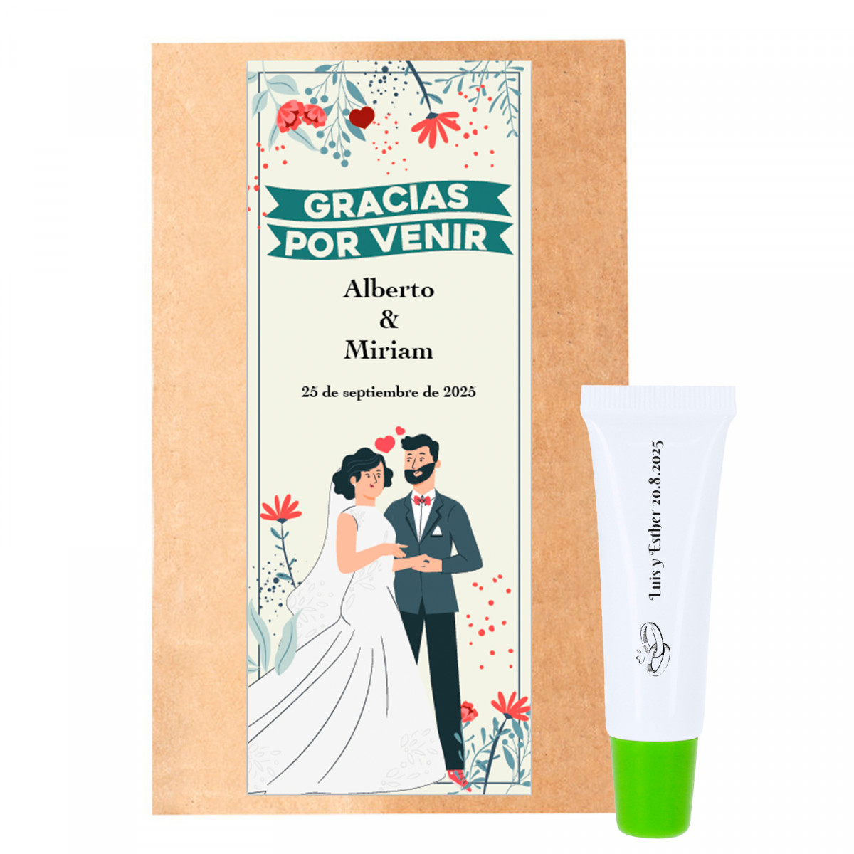 Brilho labial personalizado em envelope kraft com adesivo de casamento vertical personalizável