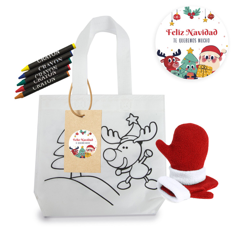 Bolsa de pintura de natal com giz de cera colorido e luvas infantis personalizadas com adesivo de natal e papai noel