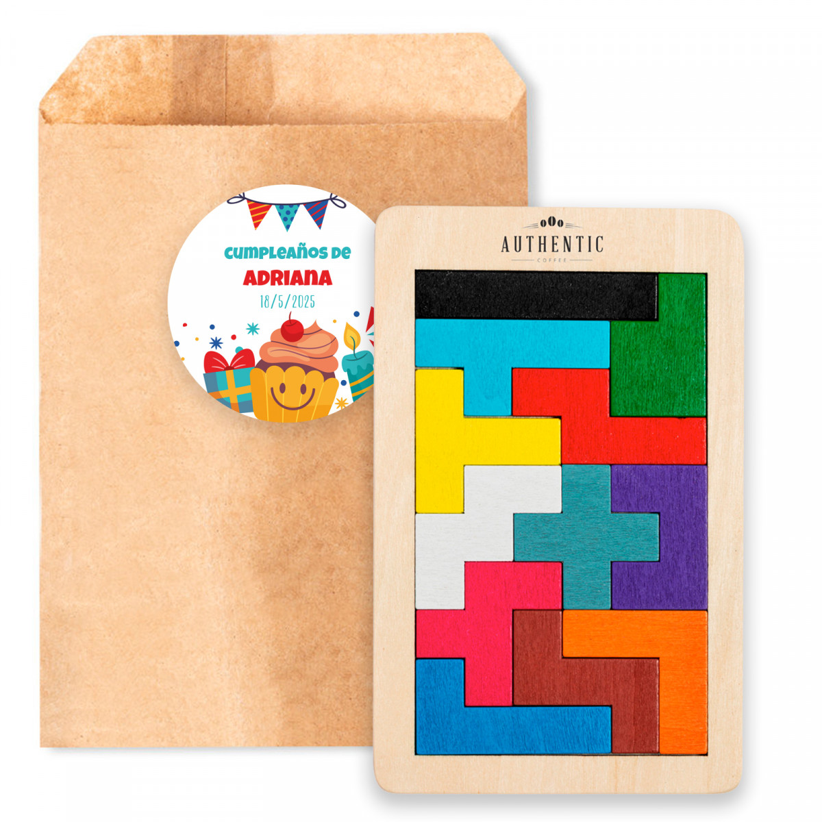 Tetris de madeira em envelope kraft com adesivo de aniversário personalizável para detalhes