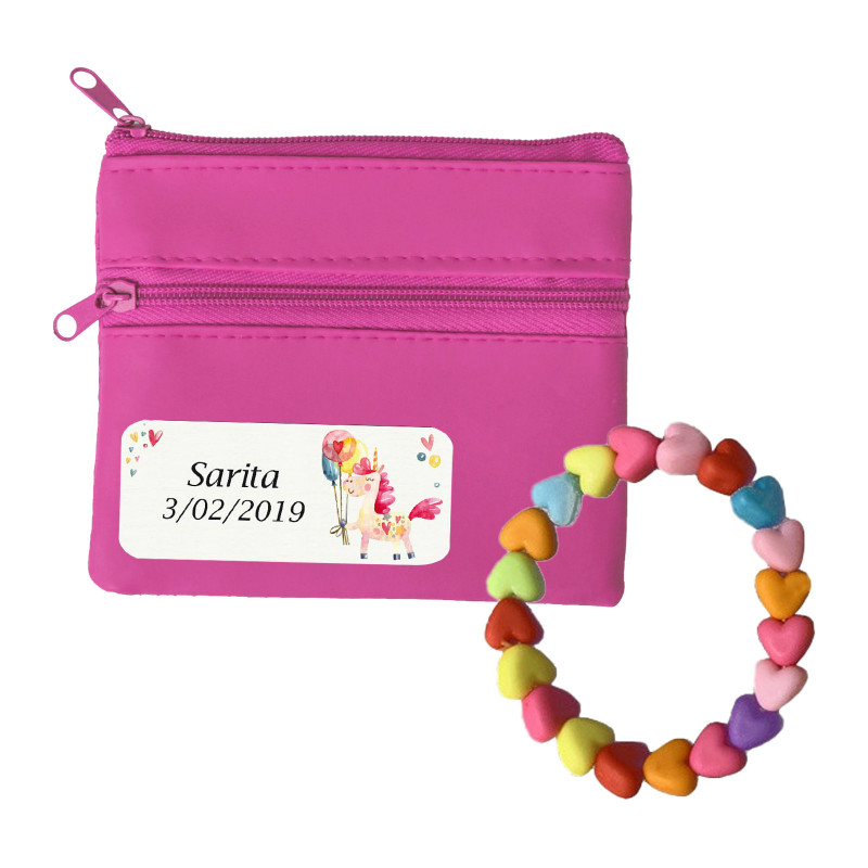 Pulseira infantil e bolsa fúcsia personalizada com adesivo de unicórnio para aniversário