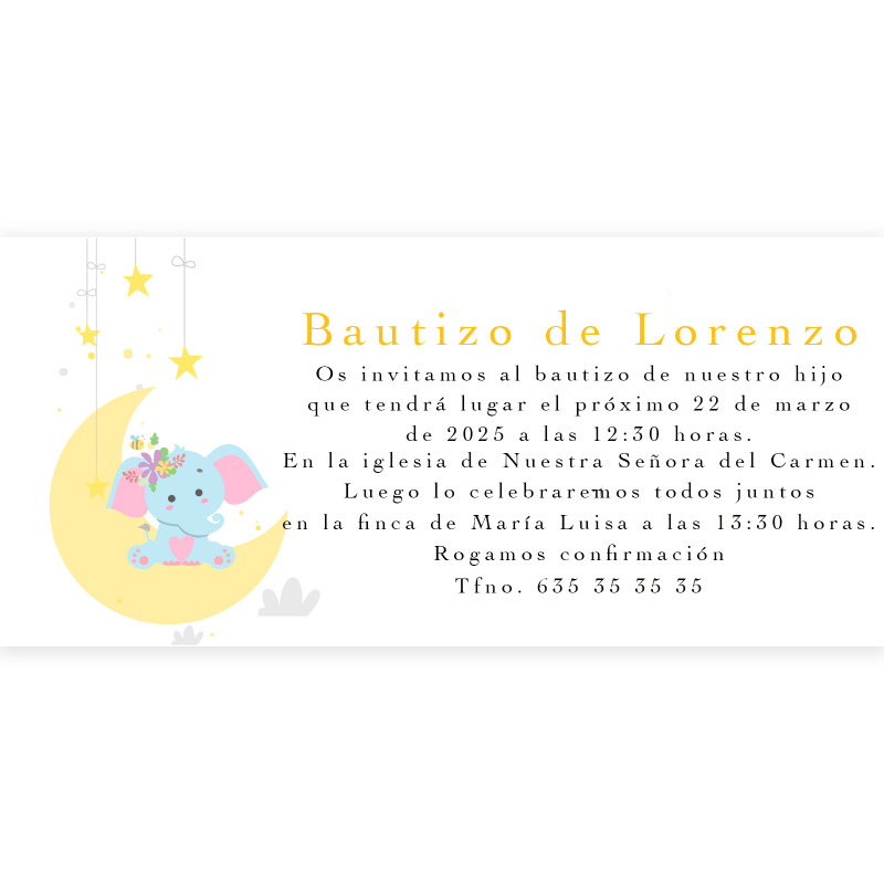 Convite para design de elefante de batismo com envelope branco