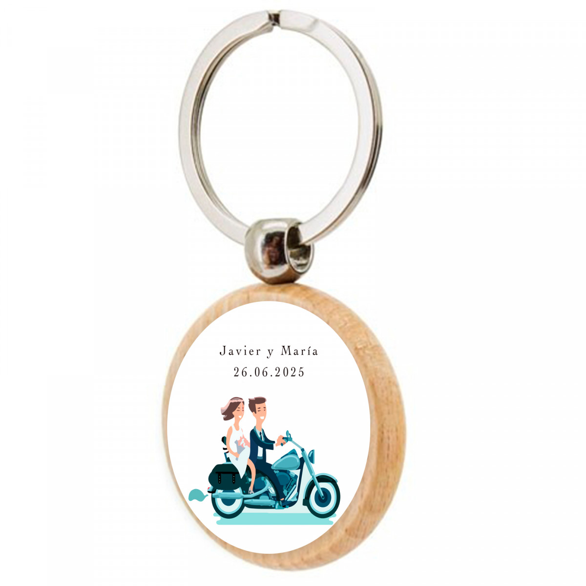 Chaveiro personalizado com adesivo com noivos em motocicleta 5 cm personalizável