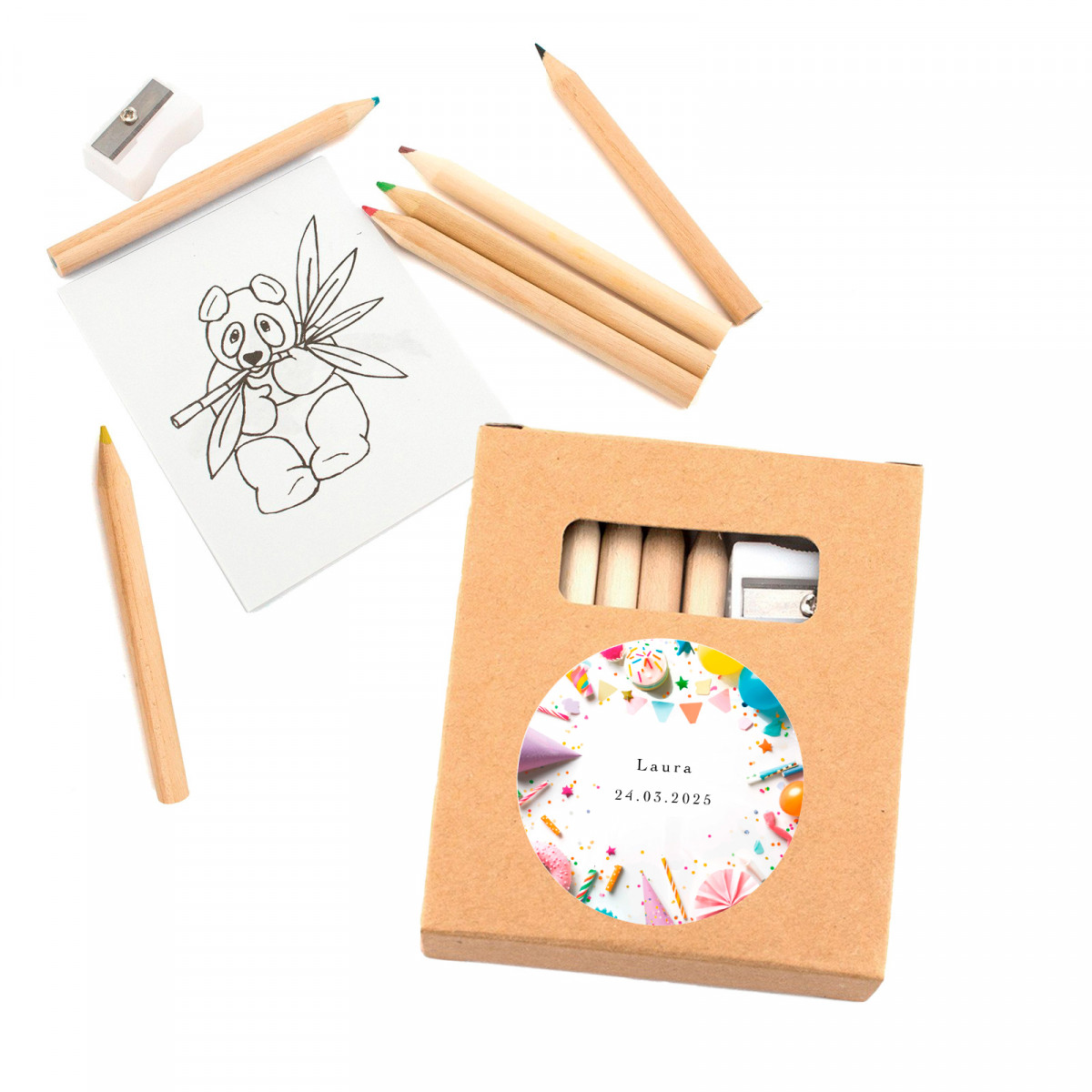 Estojo para colorir com folhas e lápis de cor e adesivo de aniversário personalizável para detalhes