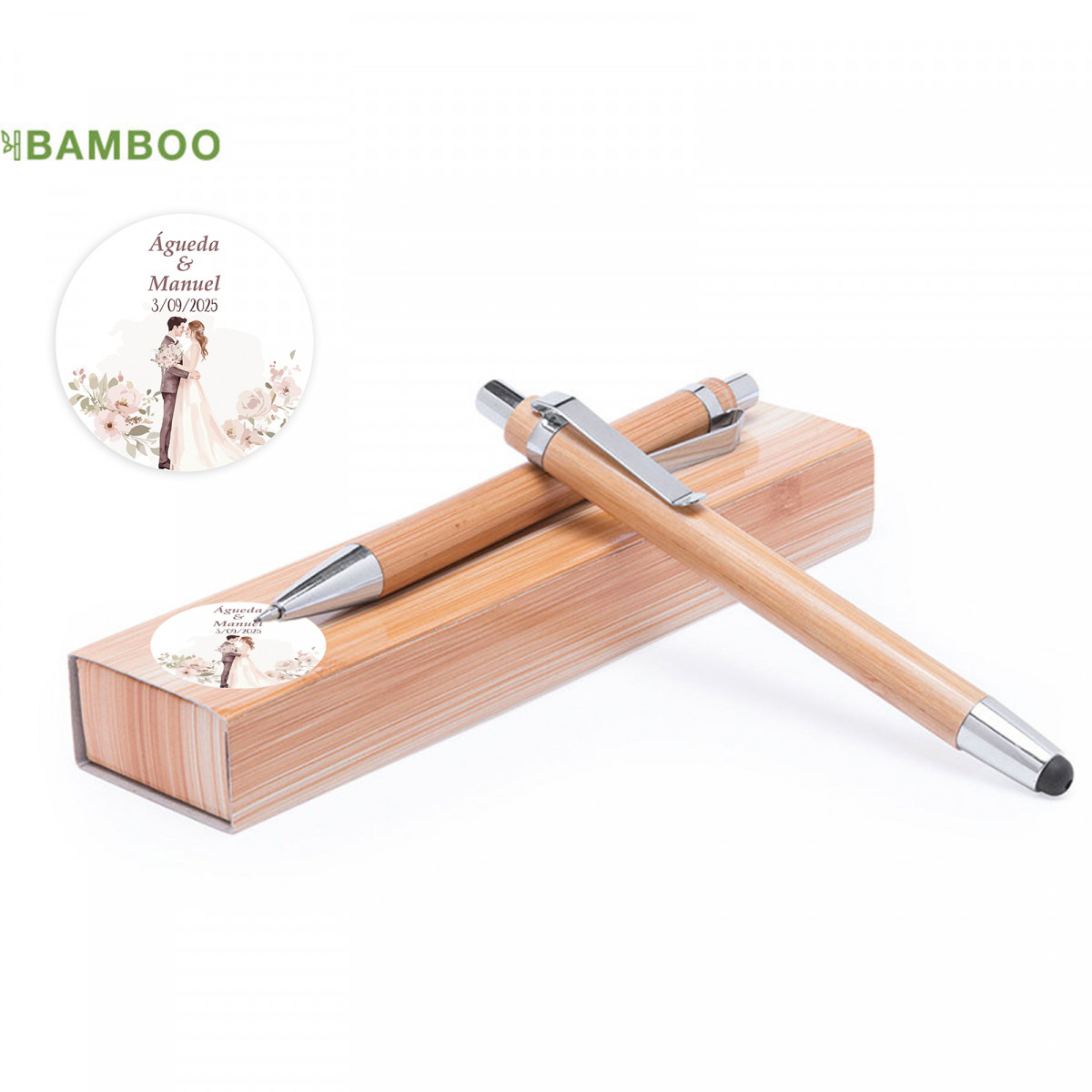 Caneta de bambu personalizada e estojo mecânico com adesivo de noiva e noivo para detalhes do casamento