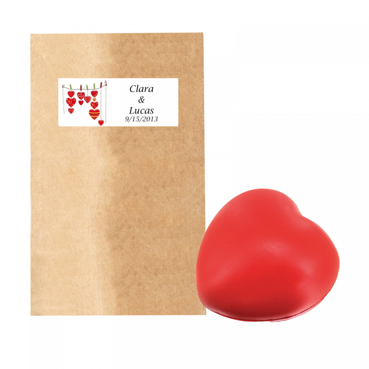 Coração anti-stress vermelho em envelope kraft com adesivo personalizado