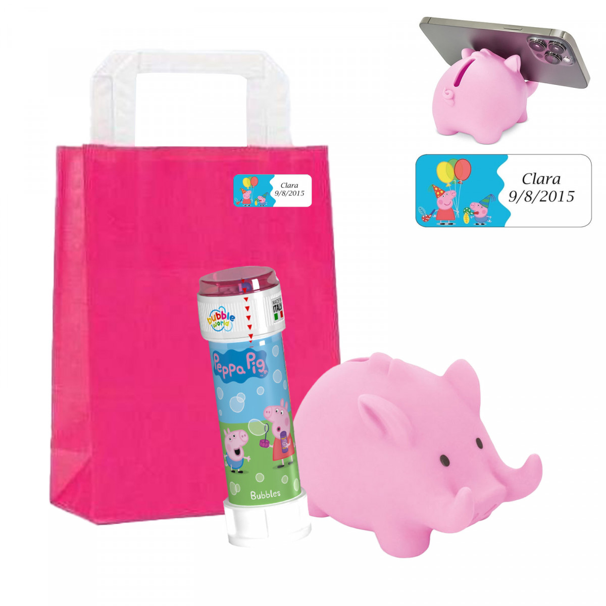 Mealheiro para telemóvel em forma de javali rosa e pompom Peppa Pig com saco personalizado a condizer com autocolante para