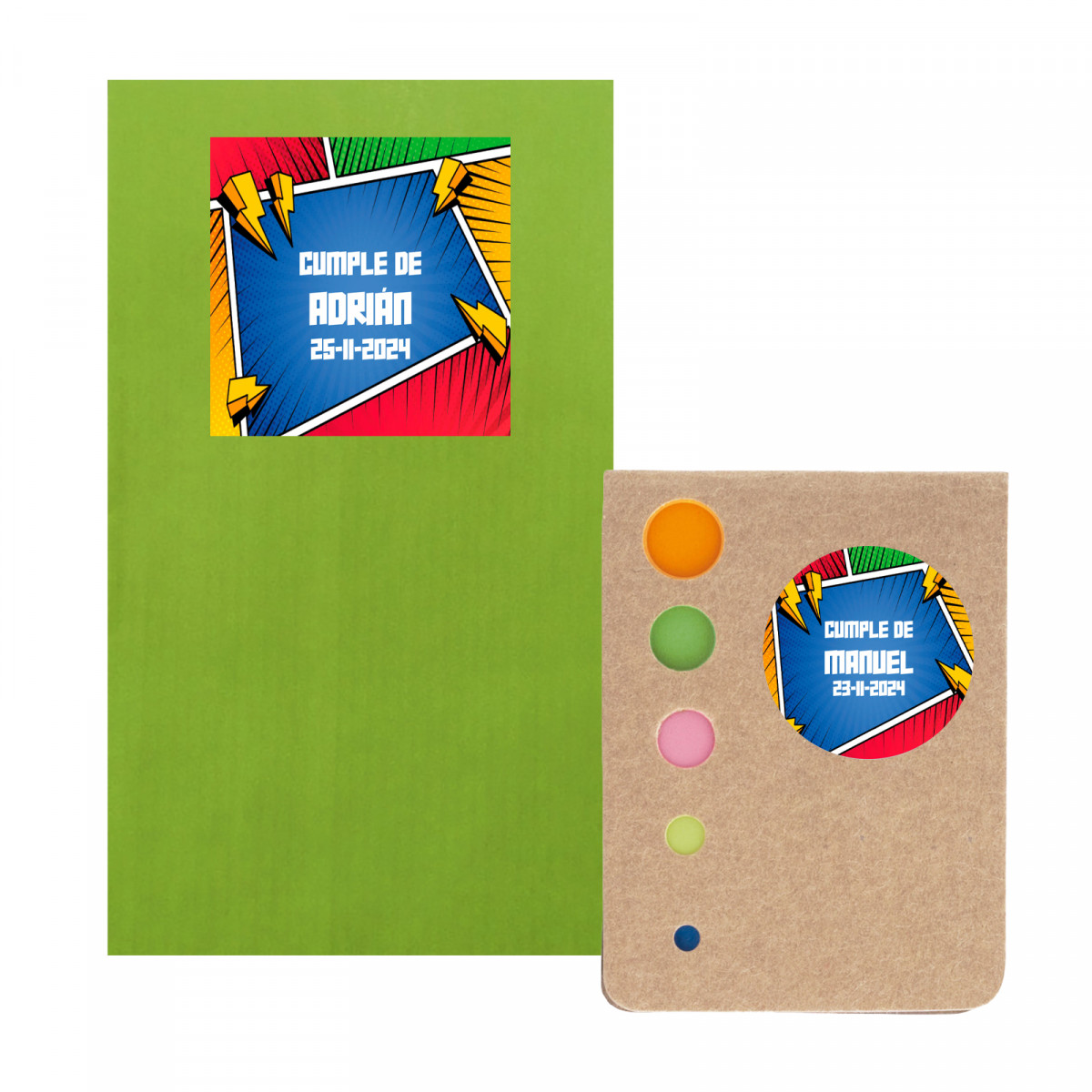 Bloco de notas post it com envelope kraft verde e adesivos personalizados