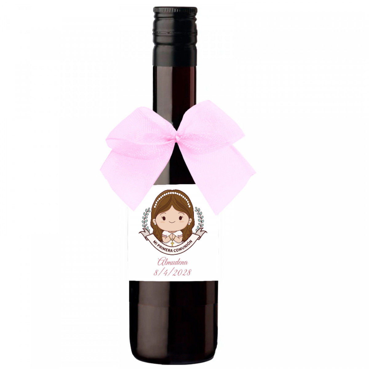 Garrafa de vinho personalizada para detalhe de comunhão com laço decorativo