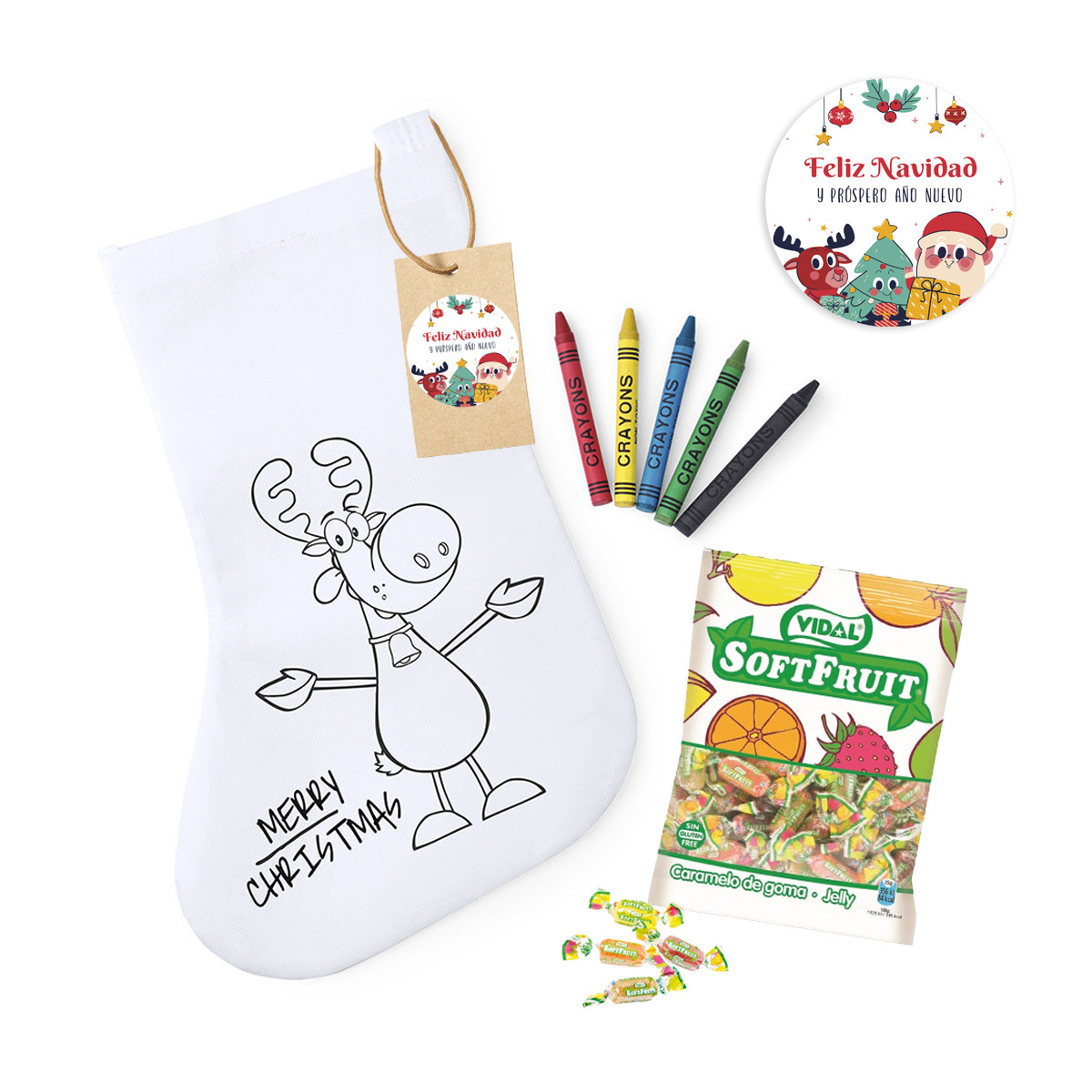 Meia de Natal para colorir personalizada com giz de cera e saco de doces detalhe natalino infantil