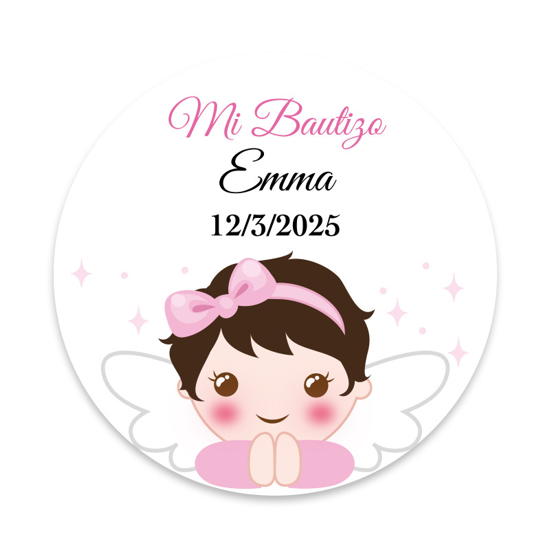 Autocolante redondo de menina anjo de 3 cm personalizável para batizado