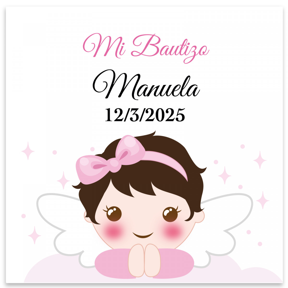 Adesivo quadrado 5x5 personalizável menina anjo para batizado