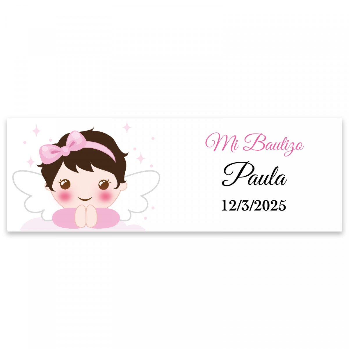 Adesivo retangular 6x2 personalizável menina anjo para batizado