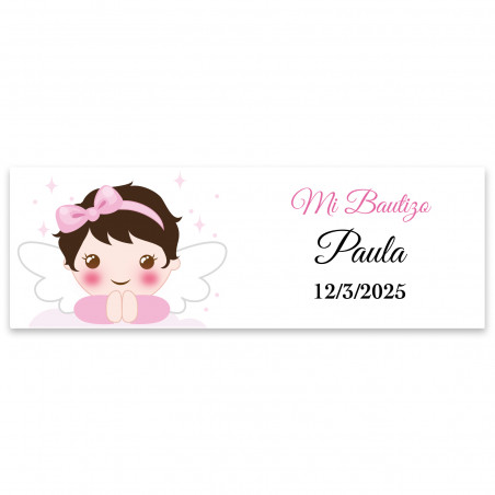 Adesivo retangular 6x2 personalizável menina anjo para batizado