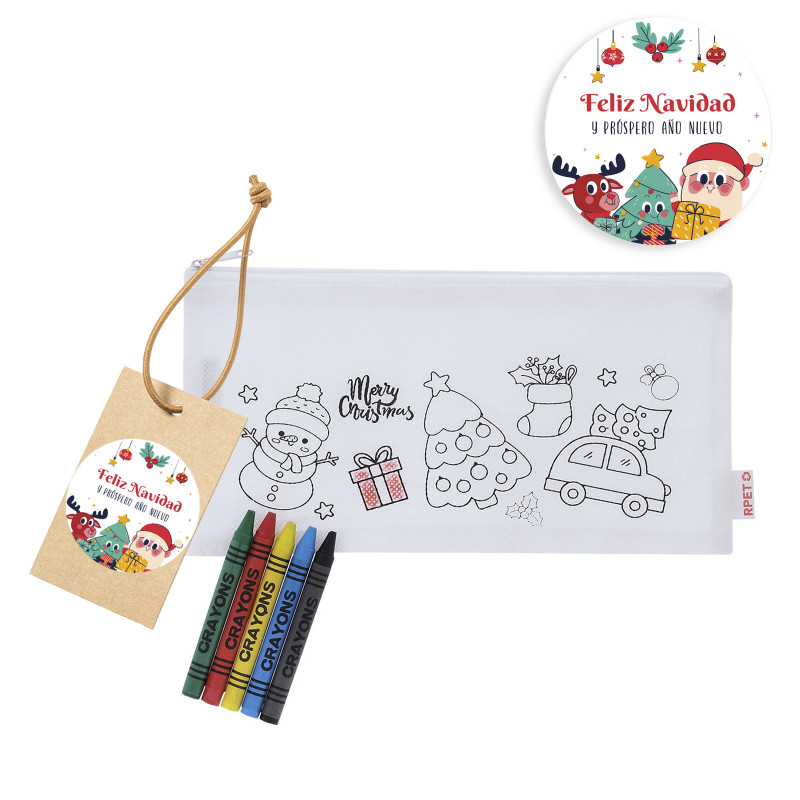 Caixa para colorir de natal com giz de cera e etiqueta personalizada para o natal