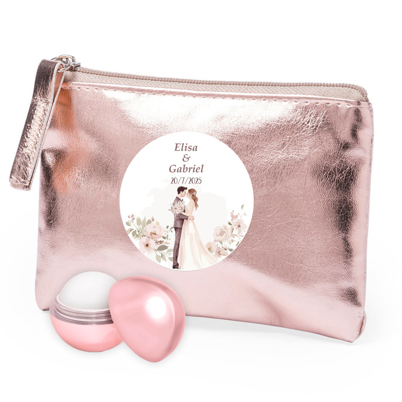 Bolsa rosa com desenho adesivo de noivos de 5 cm e protetor labial para detalhes do casamento