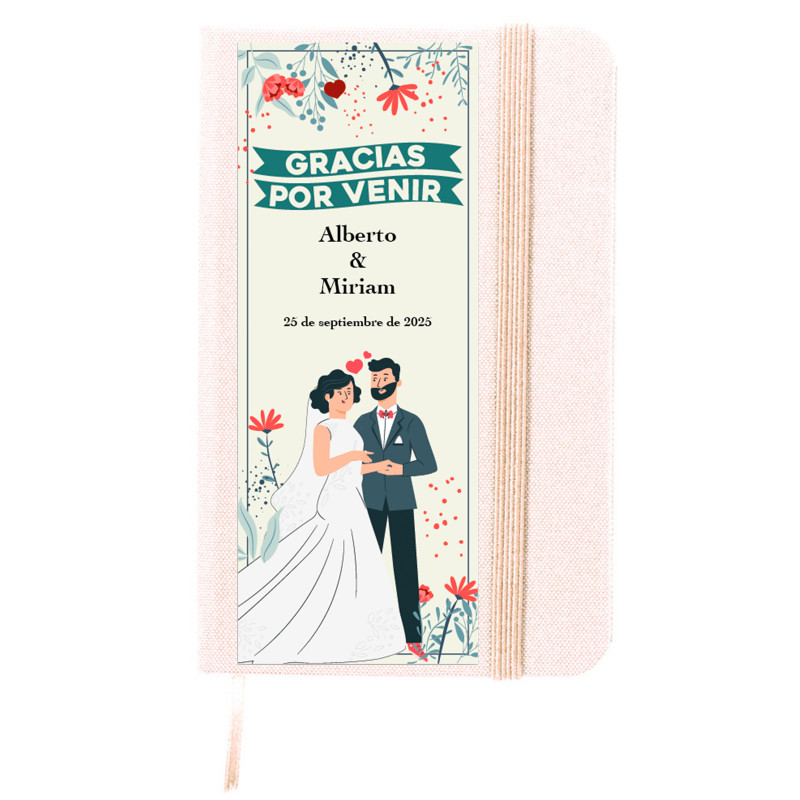 Bloco de notas com capa rígida e adesivo de casamento personalizável para detalhes