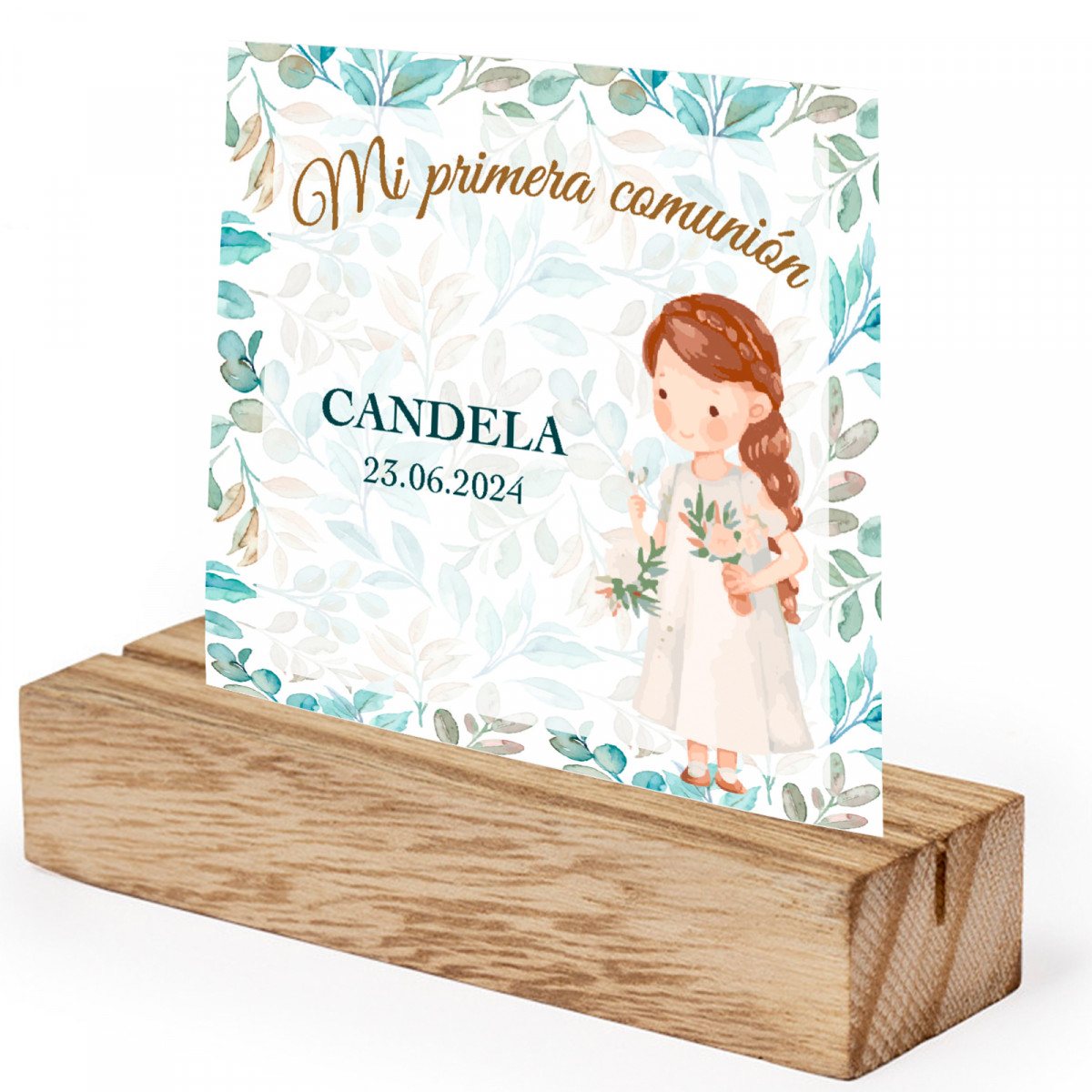 Suporte de madeira com cartão personalizado para decoração de mesa de primeira comunhão